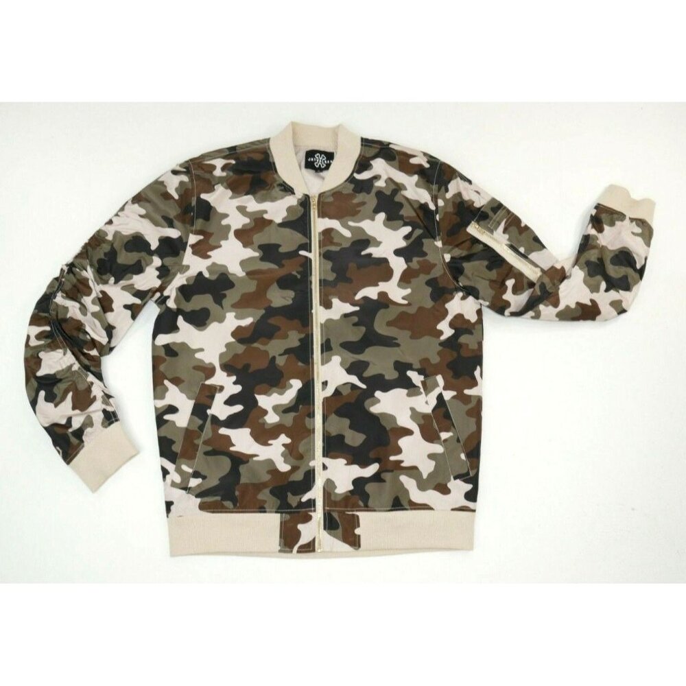Jay Walker Camo Bomber Jacket Gold Zippers Ruched Sleeves Mens Large EUC